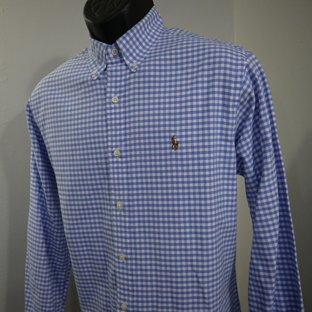 Ralph Lauren Button Up Dress Shirt Mens M Classic Fit Blue Gingham Plaid Pony